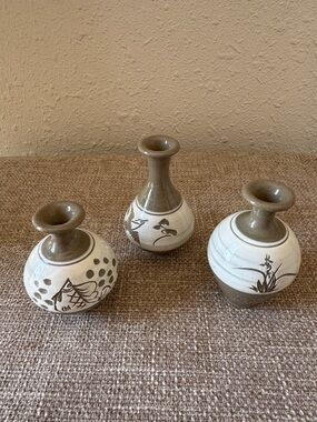 Hand-Painted Ceramic Bud Vases in Cream and Tan - Set of 3